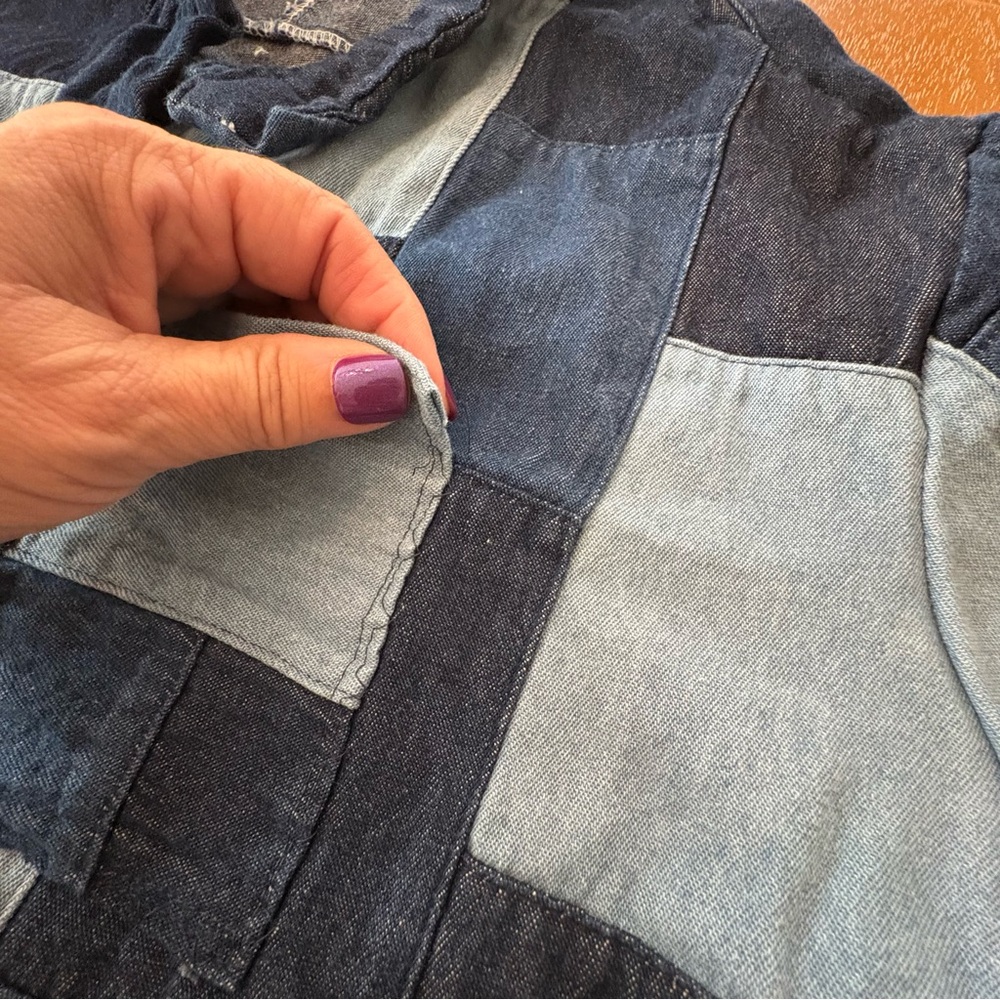 Patchwork Short Sleeve Two-Tone Denim Button-Up S… - image 4